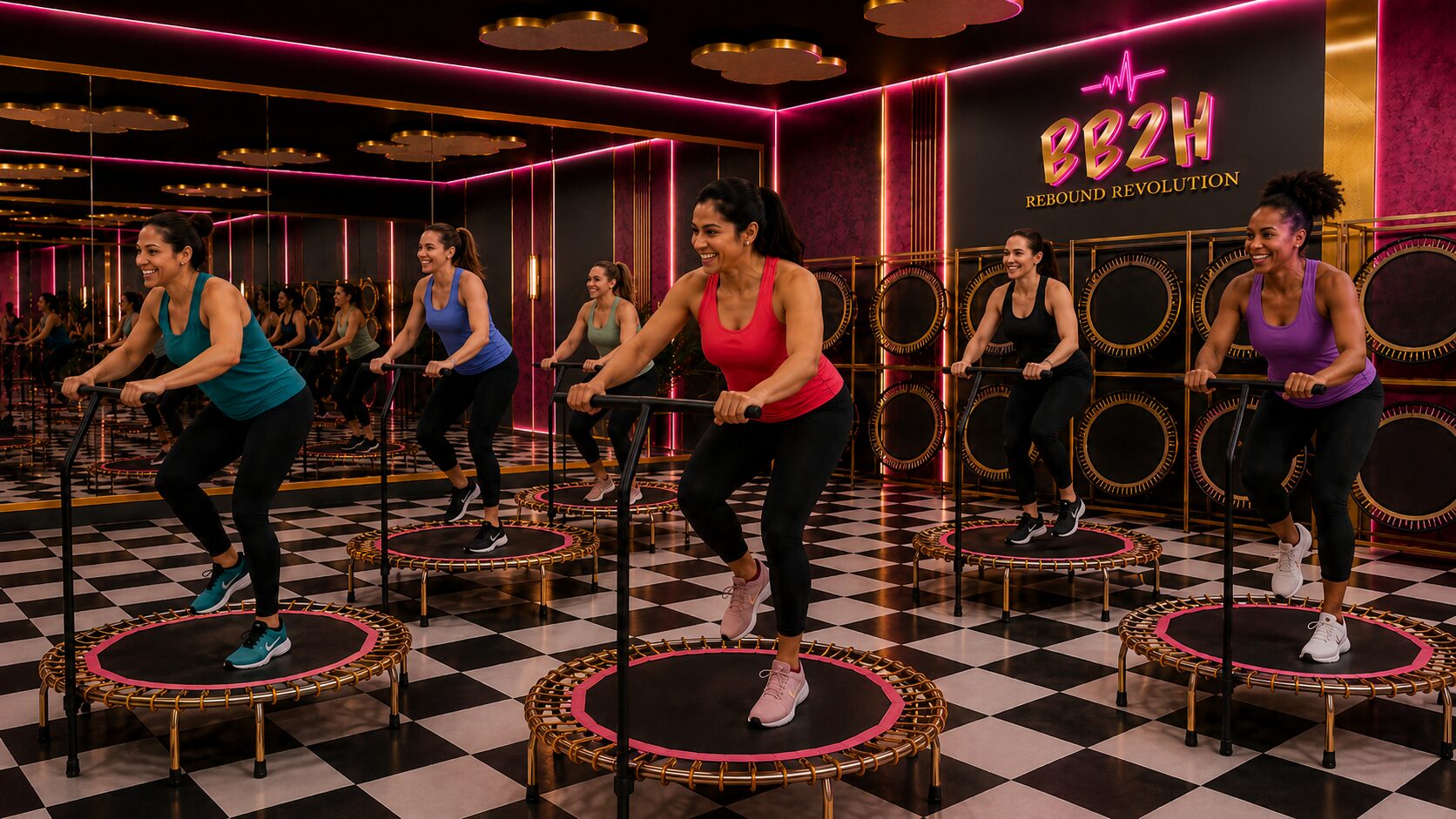 Energetic trampoline fitness in glam studio Trampoline Women